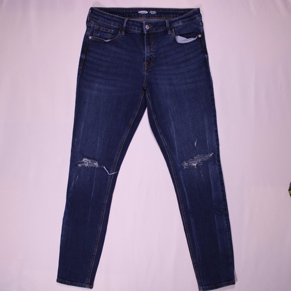 Old Navy Jeans Womens Sz 12 - 32x29 Blue Slashed Knee Skinny Stretch - (32 x 29) - Picture 1 of 16